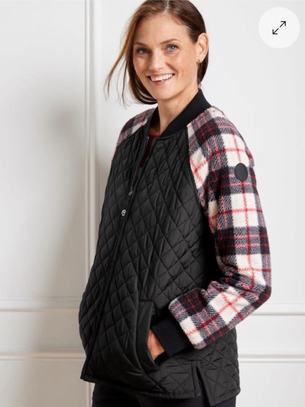 T by Talbots petites LP plaid fleece Quilted Black bomber Jacket